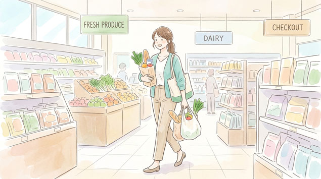 ▶ 時短で買い物する女性のイメージ