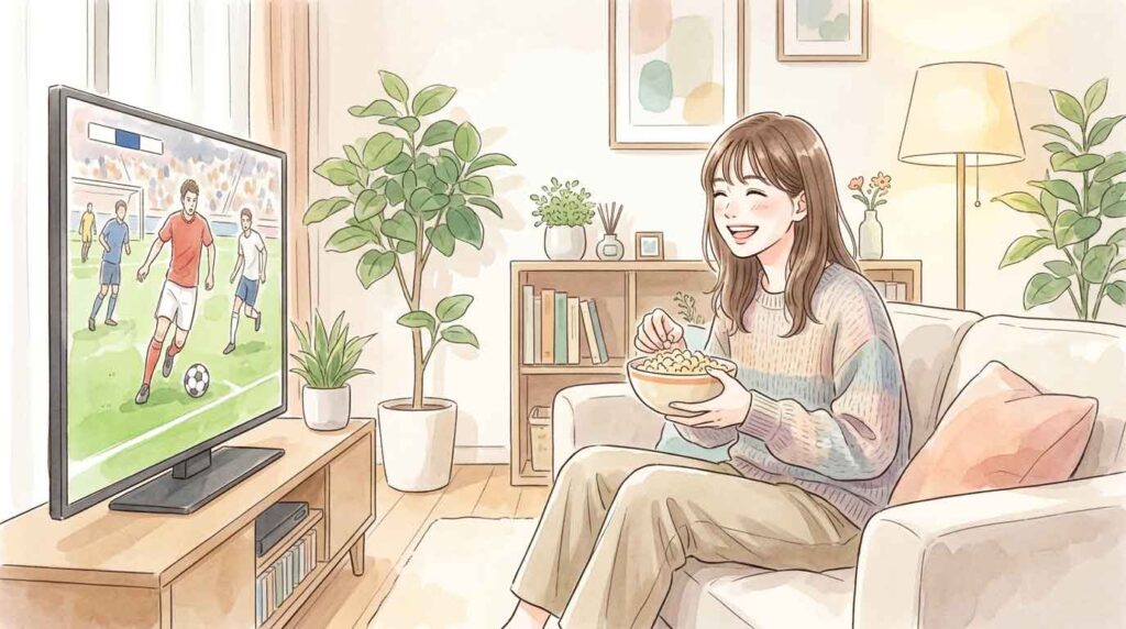 リビングで大型テレビを楽しむ女性のイラスト