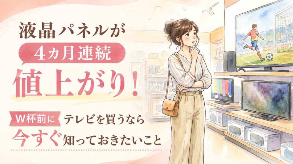 家電量販店でテレビ売り場を見て考え込む30代女性のイラスト