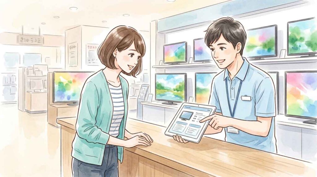 家電量販店でスタッフに相談している女性のイラスト