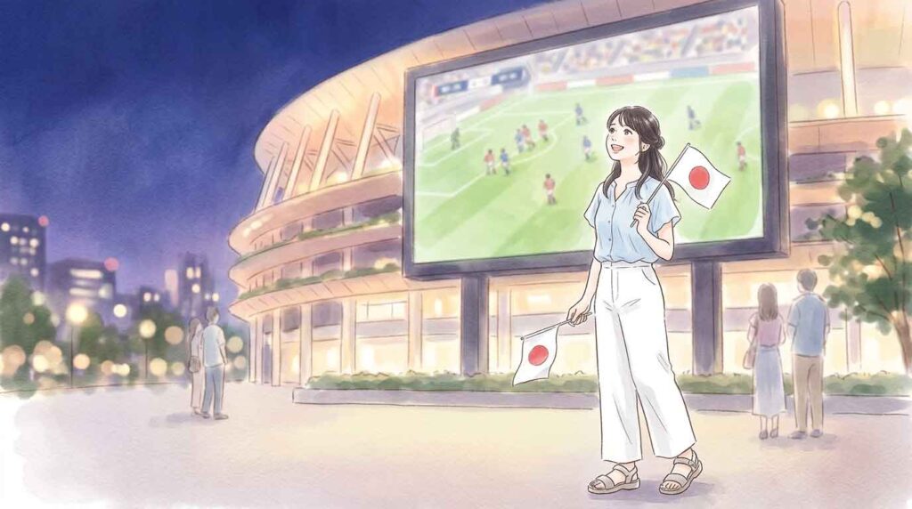 スタジアムの大型スクリーンを見上げながら興奮する女性のイラスト