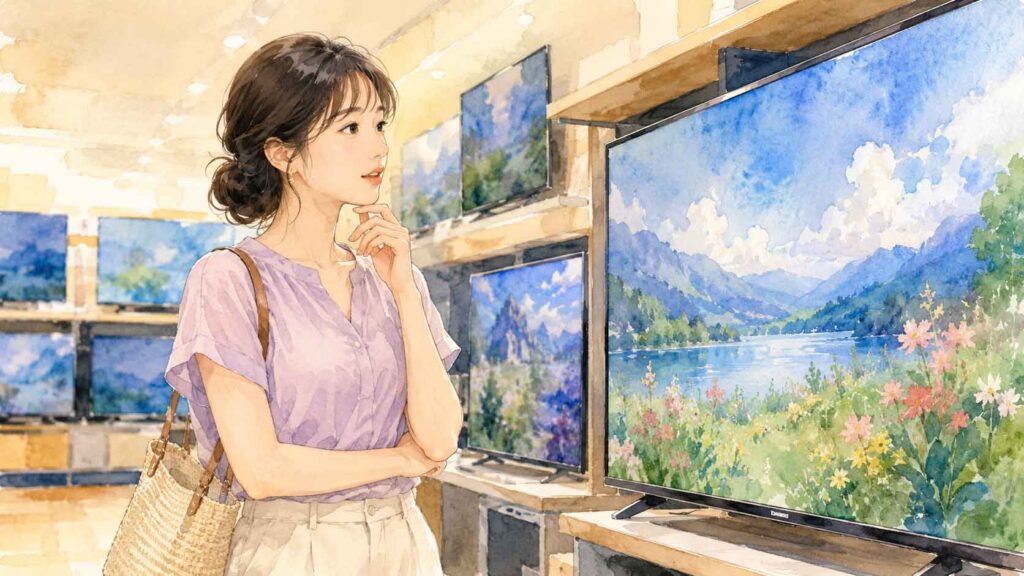 家電量販店でテレビ売り場を見て考え込む30代女性のイラスト
