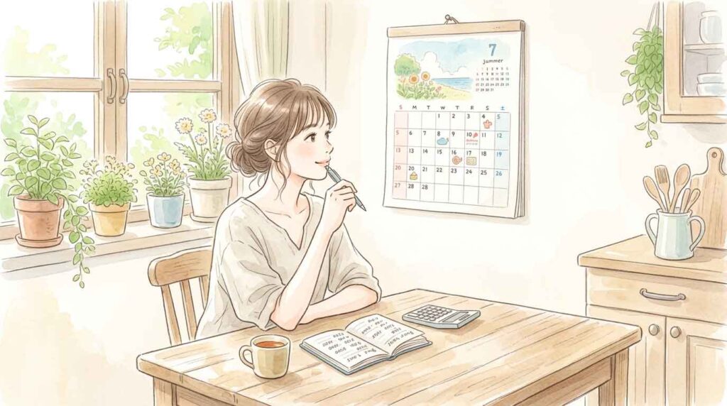 カレンダーを指差しながら買い時を考える女性のイラスト