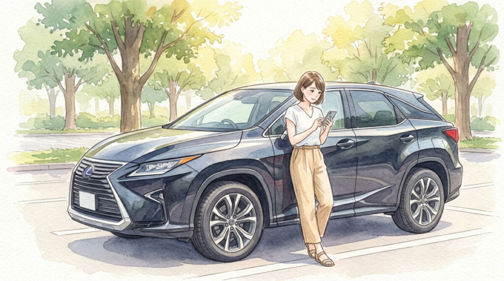 車の隣でスマートフォンを見て複雑な表情の女性のイラスト