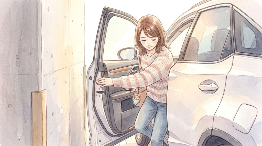 狭い駐車場でバックしているSUVのイラスト