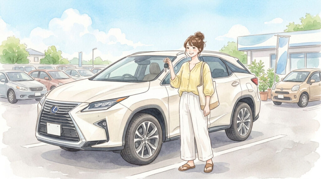 中古車販売店の前で嬉しそうな女性のイラスト