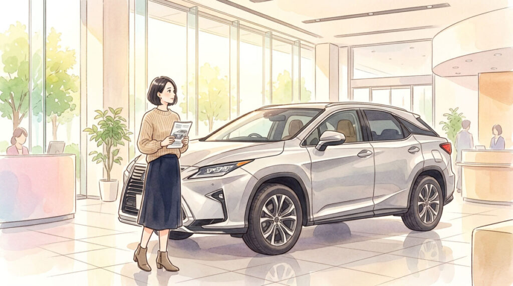カーディーラーのショールームで考える女性のイラスト