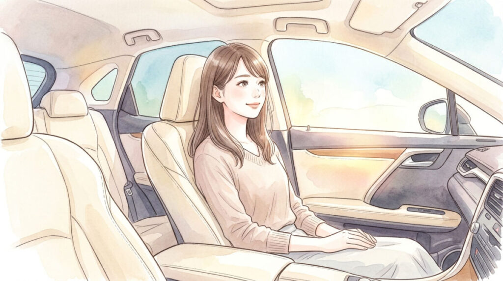 高級車のインテリアでくつろぐ女性のイラスト