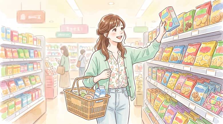 ショッピングモールのお菓子売り場で商品棚を眺めてわくわくしている女性