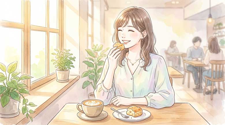 おしゃれなカフェのテーブルで焼き菓子とコーヒーを楽しむ女性