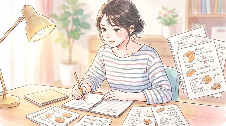 研究室のような場所でノートを広げて真剣に考え込む女性