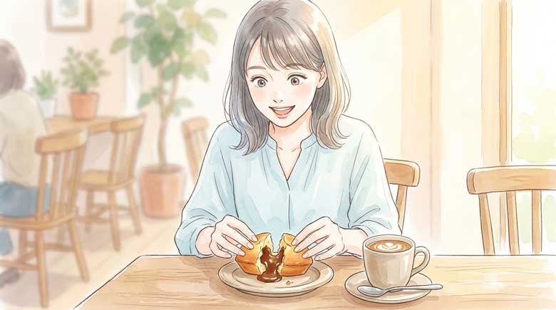 カフェのテーブルで焼き菓子をそっと割って中を確認している女性