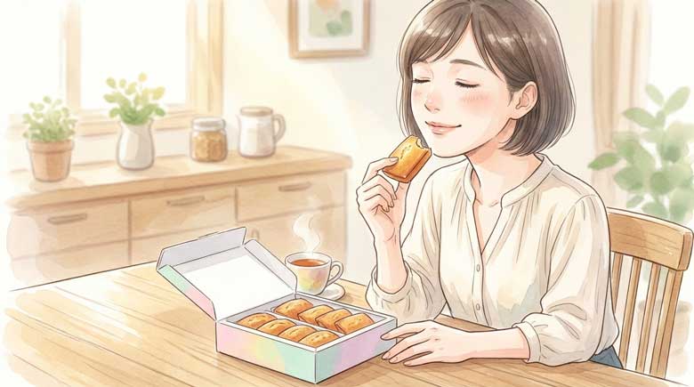 明るいキッチンのテーブルの上に焼き菓子の箱が並ぶようす