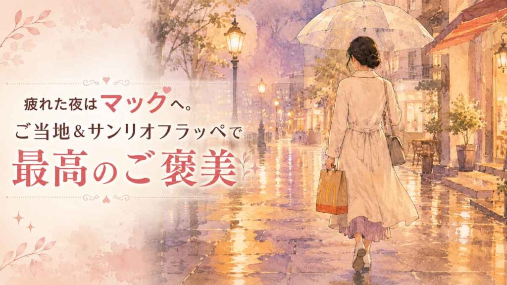 雨の夜道を傘を差して歩く日本人女性の後ろ姿、手にはマクドナルドの紙袋