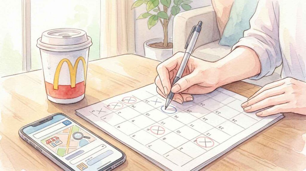 カレンダーに丸印をつける女性の手元と、マクドナルドのカップのイラスト