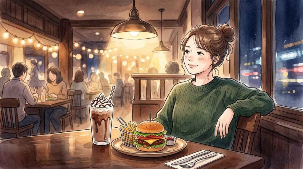 テーブルの上にハンバーガーとフラッペが並んだ夜のご褒美ディナーのイラスト