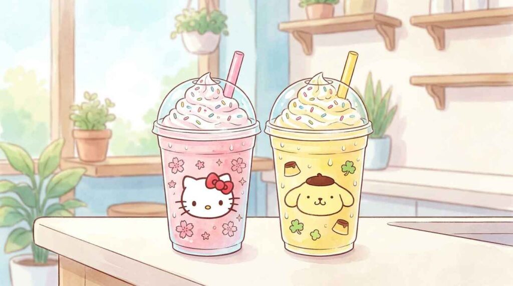 ハローキティとポムポムプリンのイラストが描かれたマックのフラッペカップ2種