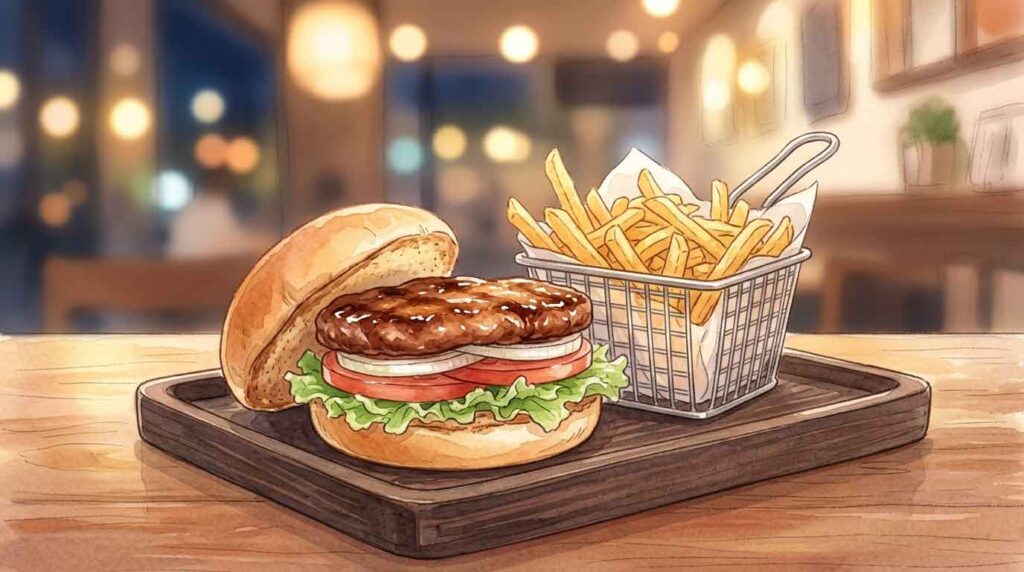 木のトレーに乗ったてりやきバーガーとポテト、夜の間接照明の温かい光