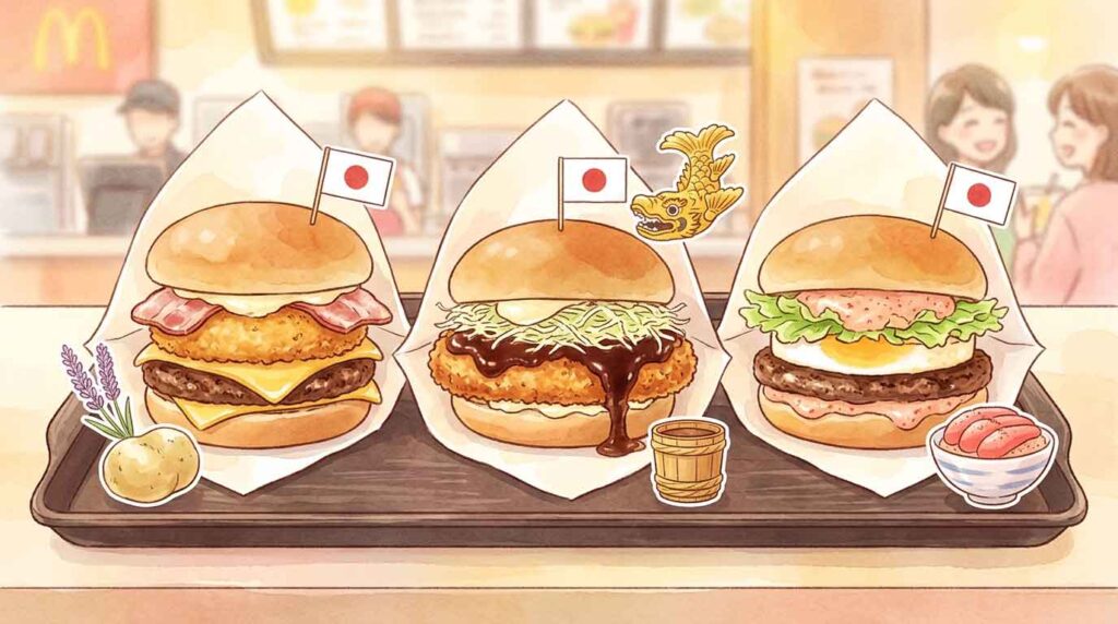 マクドナルドのご当地バーガー3種が並んだカウンター越しのイラスト