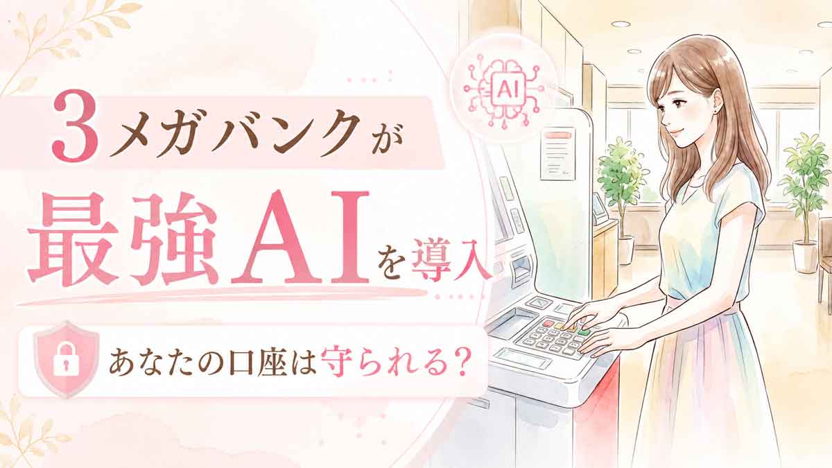 銀行のATMで安心して操作する日本人女性のイラスト ミトスが入って安心して使えるというイメージ