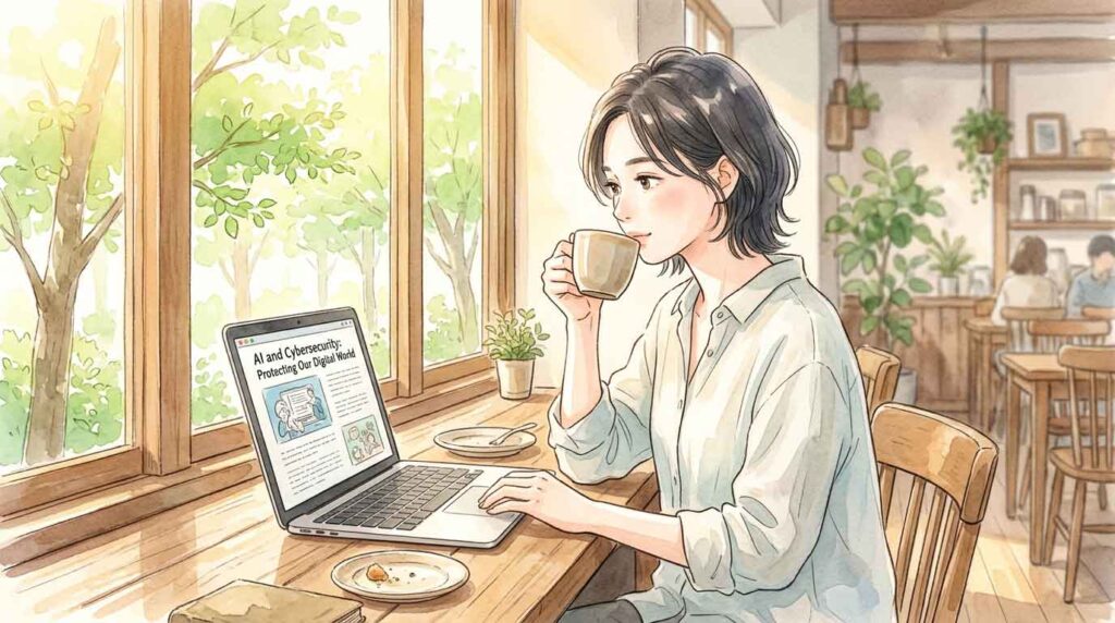 コーヒーを飲みながらノートパソコンでAIの記事を読む日本人女性のイラスト