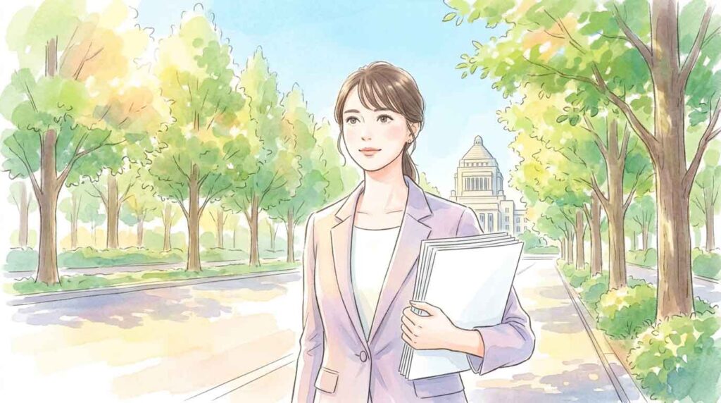 国会議事堂を背景に政策の資料を手に歩く日本人女性のイラスト