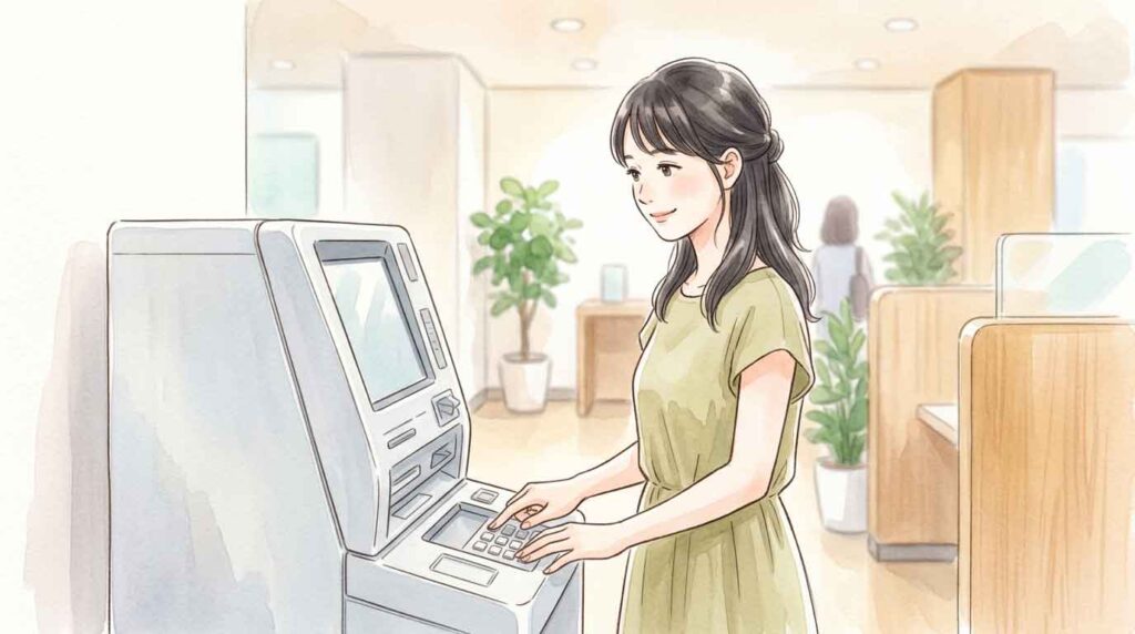銀行のATMを操作しながら安心した表情の日本人女性のイラスト