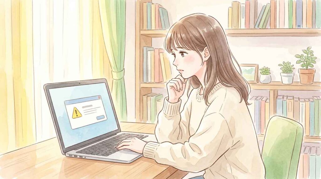  パソコン画面でセキュリティの警告を見て考え込む日本人女性のイラスト