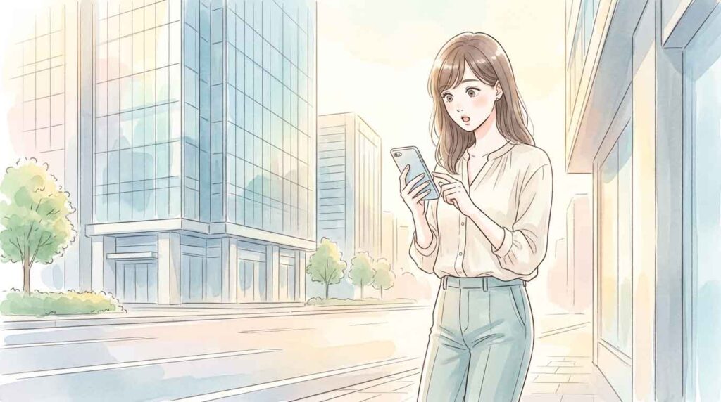 PIC2 | alt: 都市の高層ビルを背景にタブレットで最新情報を確認する日本人女性のイラスト