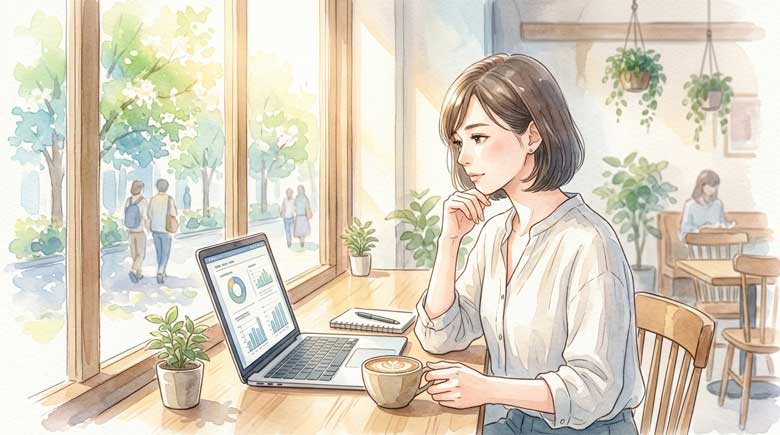 街のカフェでノートパソコンを開きながら考え込む30代の日本人女性のイラスト