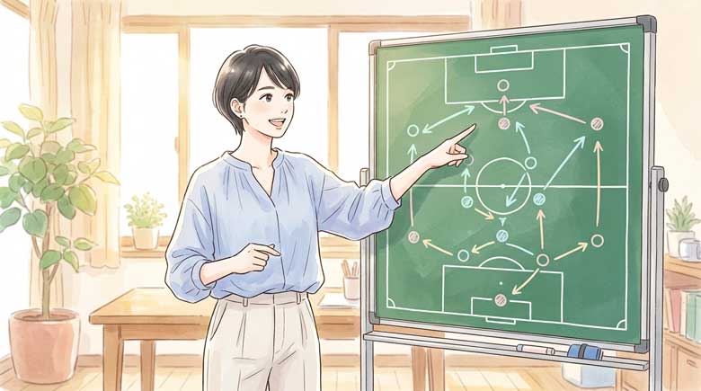 サッカーの戦術ボードを指差しながら仲間に説明する女性のイラスト