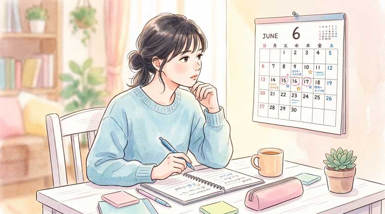 カレンダーを前に真剣な表情で考え込む日本人女性のイラスト