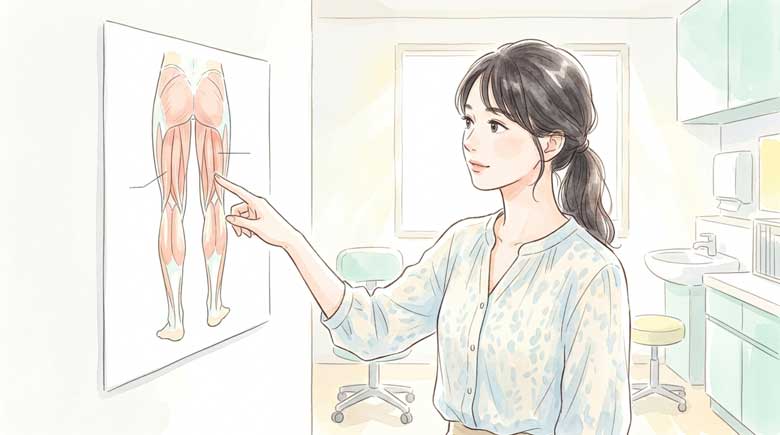 医療イラスト風に太もも裏の筋肉を指差して説明する女性のイラスト