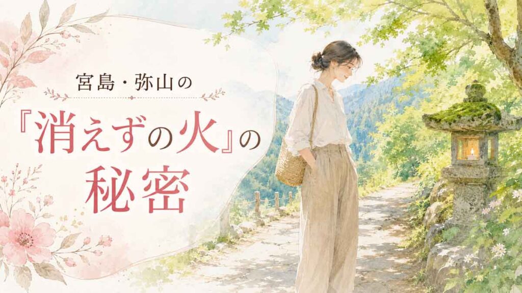緑に囲まれた山の中で静かに燃える炎を見つめる女性のイラスト