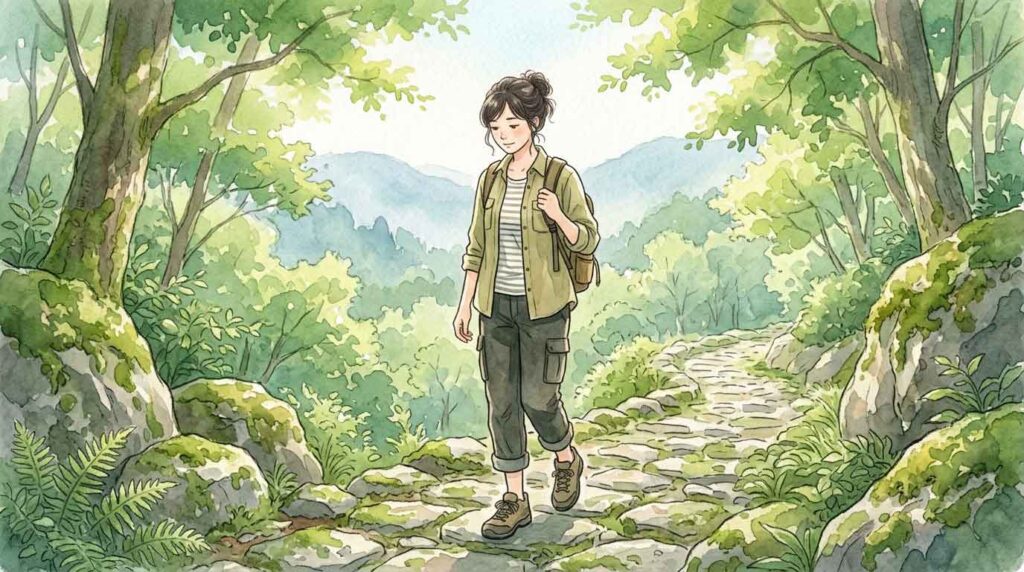 緑豊かな山道をひとり歩きながら考えにふける女性のイラスト