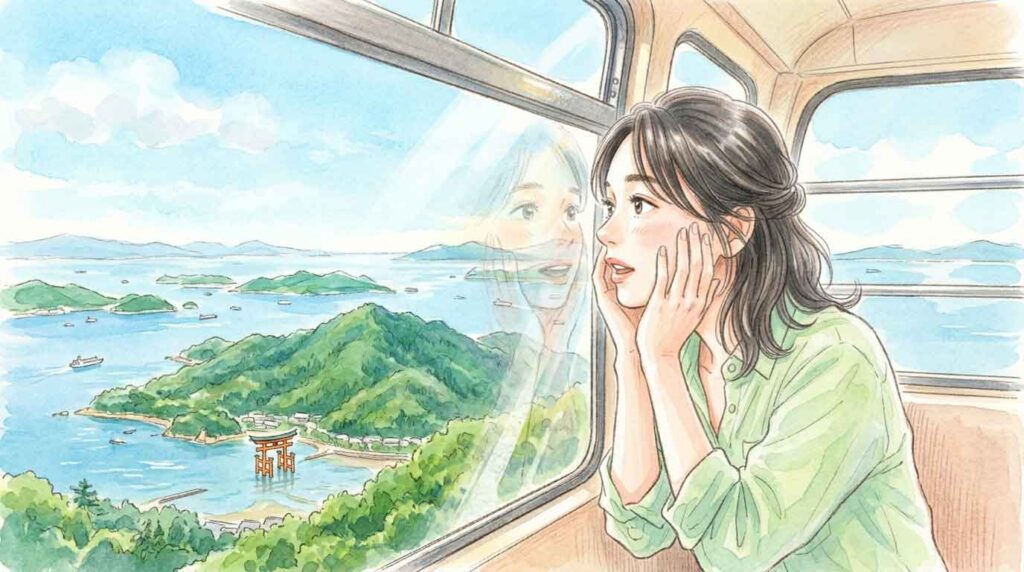 ロープウェイから宮島の山と海を眺めて感動する女性のイラスト