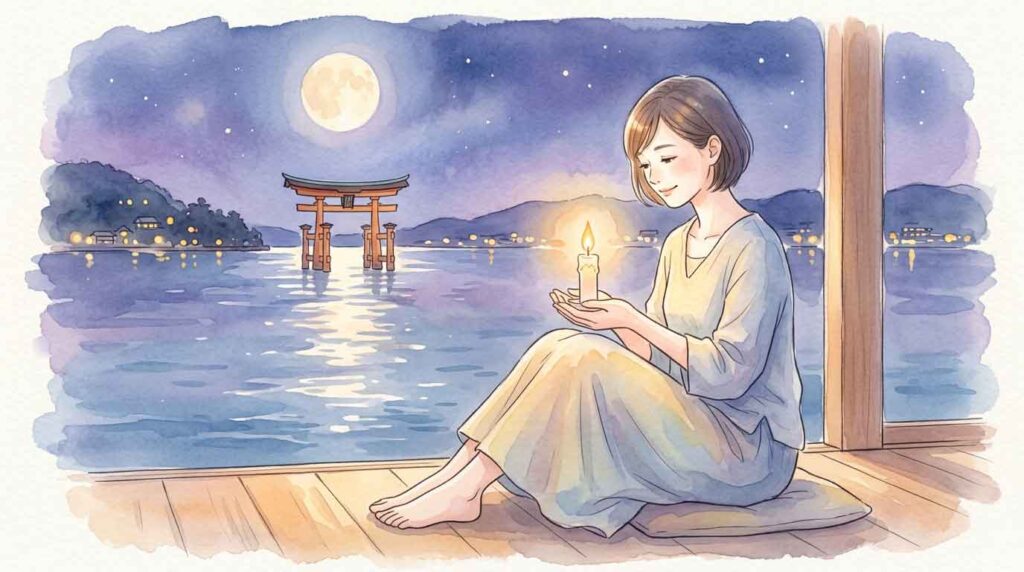 宮島の夜景を背景にろうそくの炎を見つめて微笑む女性のイラスト