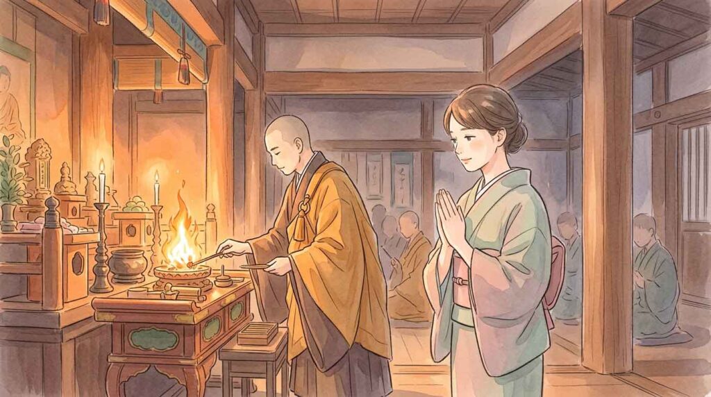 お堂の中で炎を守る僧侶のそばに立ち手を合わせる女性のイラスト