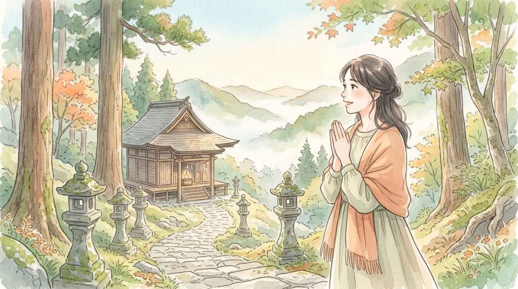 弥山の霊火堂を背景に感慨深い表情で佇む女性のイラスト