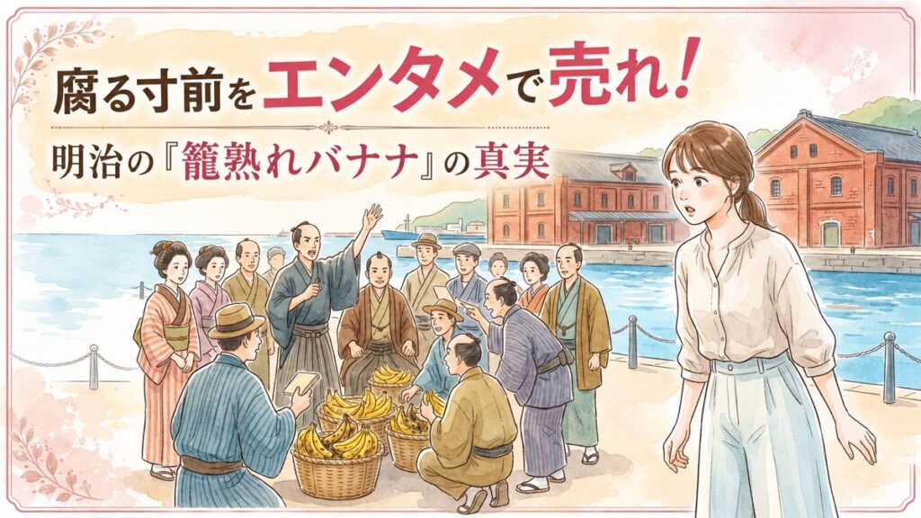 明治時代の門司港で賑わうバナナの叩き売りを眺めて驚く女性のイラスト