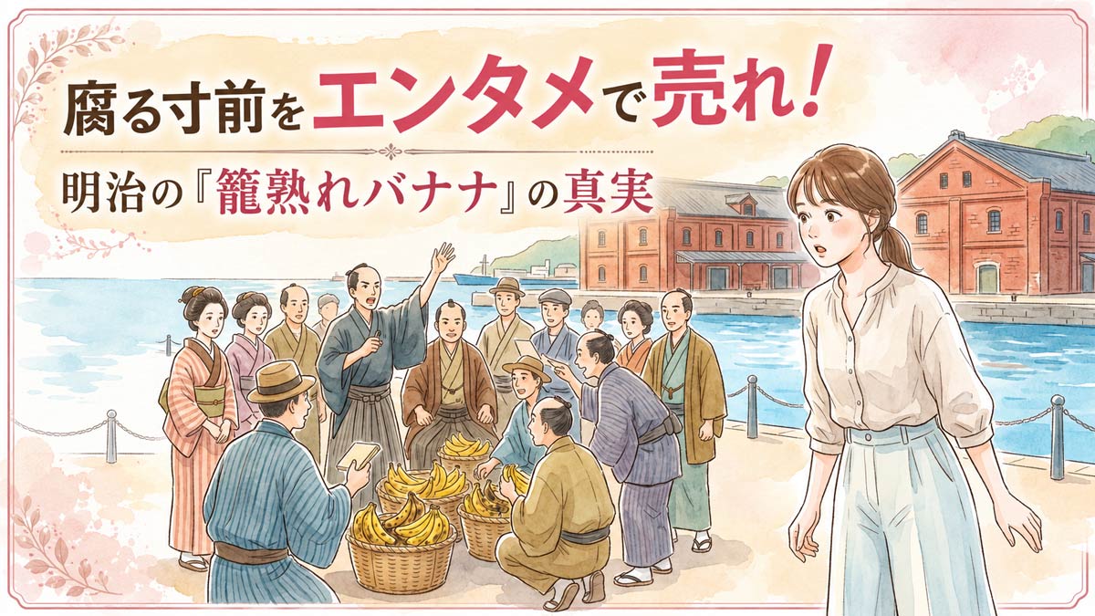 明治時代の門司港で賑わうバナナの叩き売りを眺めて驚く女性のイラスト