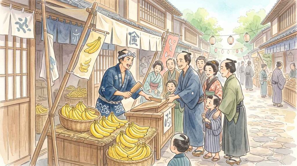 人だかりの中でバナナを叩きながら口上を述べる売り手と盛り上がる観衆のイラスト