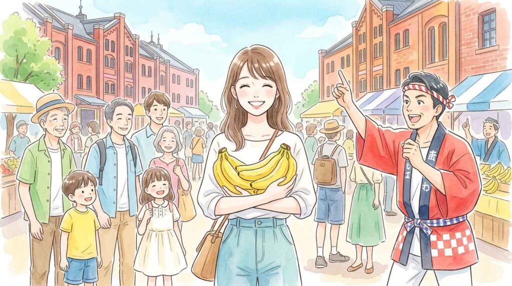 門司港レトロ地区で週末の叩き売り実演を楽しむ観光客の女性のイラスト