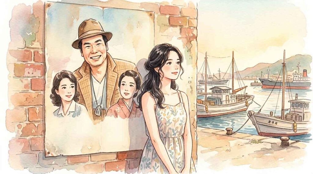 昭和の映画ポスターと戦後の港町を背景に佇む女性のイラスト