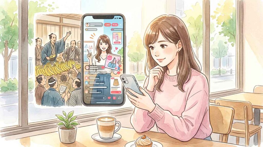 スマートフォンの画面とレトロな叩き売りの場面を対比させたイラスト