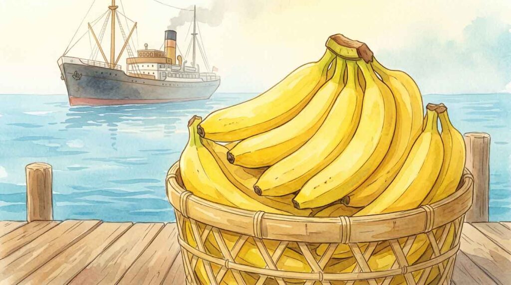 竹籠いっぱいの熟れたバナナと台湾から日本へ向かう蒸気船のイラスト