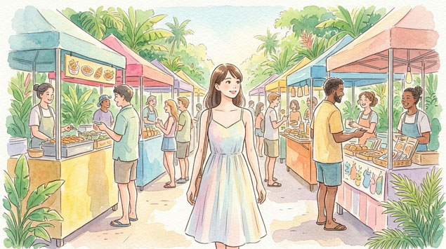 屋台を歩く女性