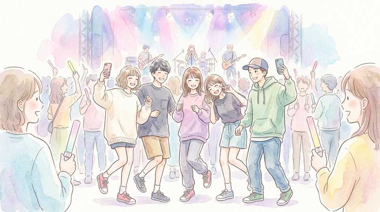 ライブ会場で音楽を楽しみながら動画を撮る若いファンたち