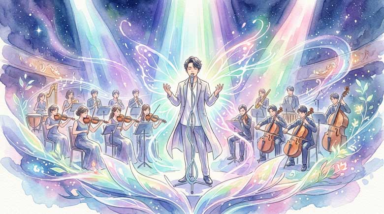大きなステージで幻想的な照明の中を歌うアーティスト