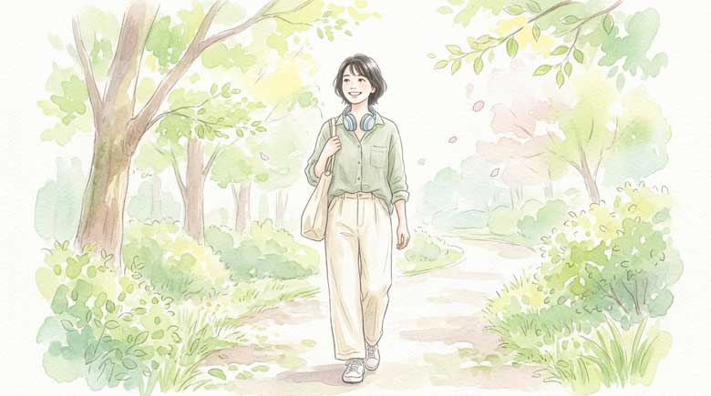  ヘッドホンをつけて前向きな表情で歩く女性